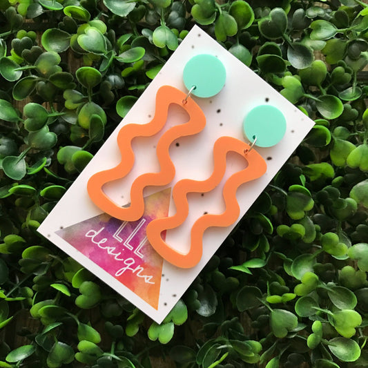 Squiggle Wiggle Dangle Earrings ( in Orange ) Pastel Matte Orange Earrings.