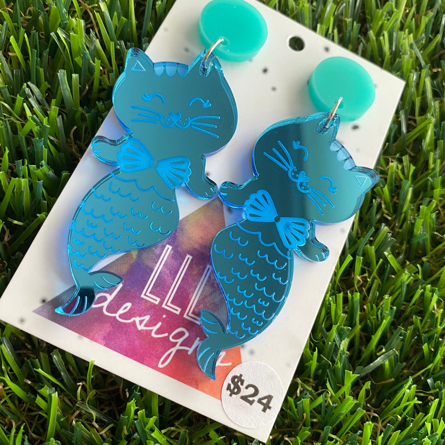 Magical Mirror Blue Purmaid Dangle Earrings - Mermaid Kitty Cats