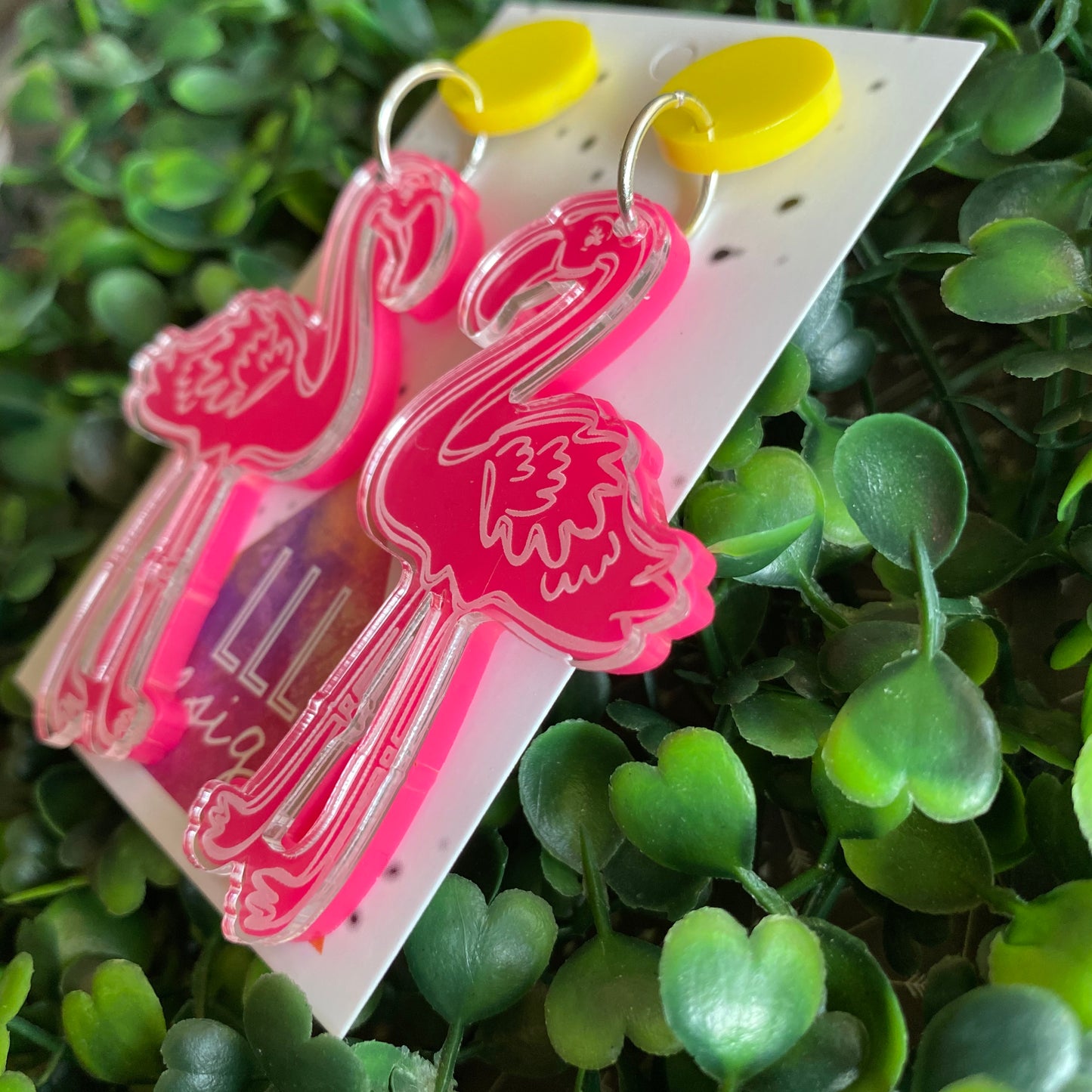 Fancy Flamingo Statement Dangle Earrings. 2 Layers of Acrylic Fabulousness - Neon Pink with Yellow Tops.