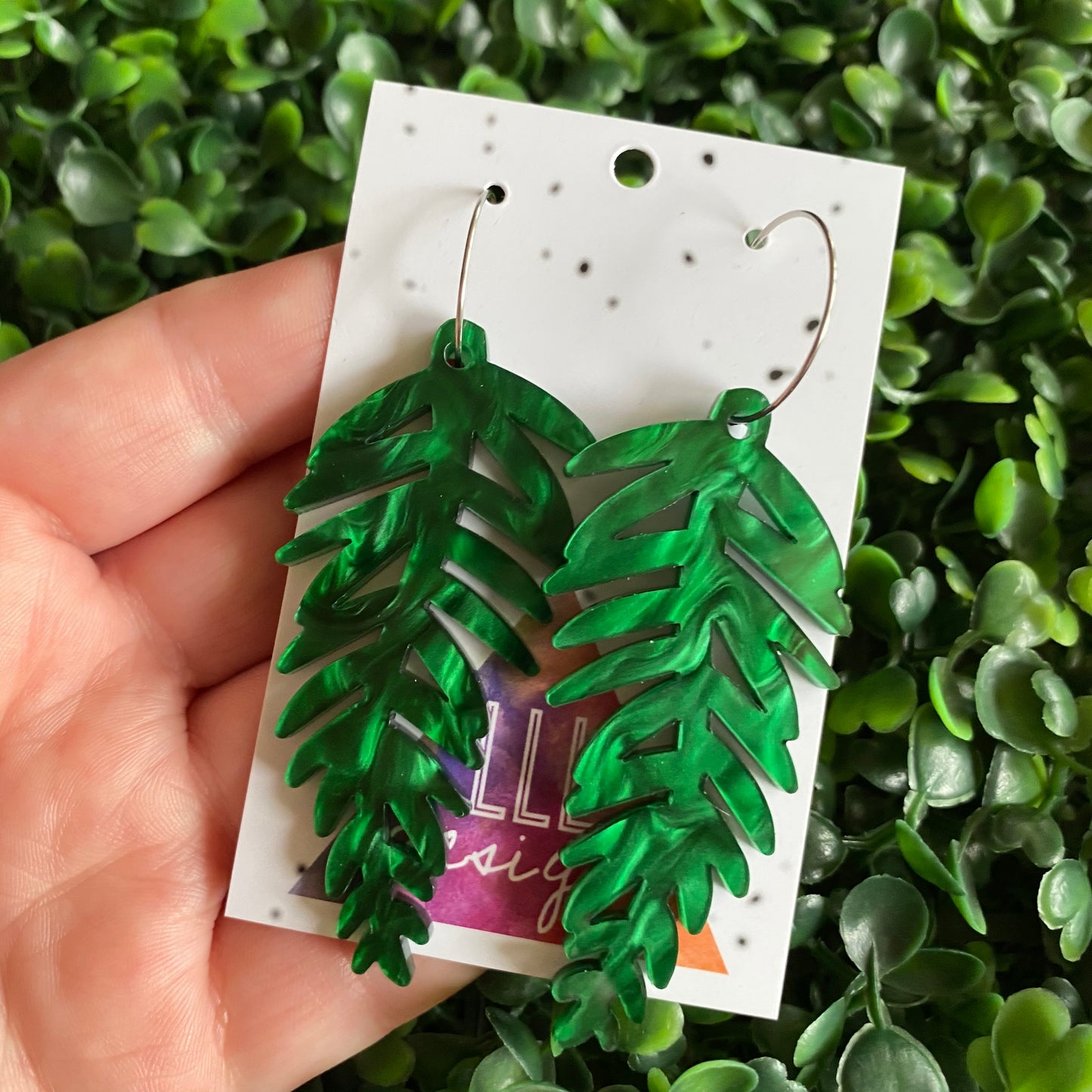Fern Earrings. Magical Green Swirl Acrylic Fern Leaf Hoop Earrings.