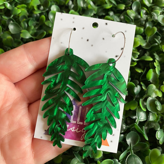 Fern Earrings. Magical Green Swirl Acrylic Fern Leaf Hoop Earrings.