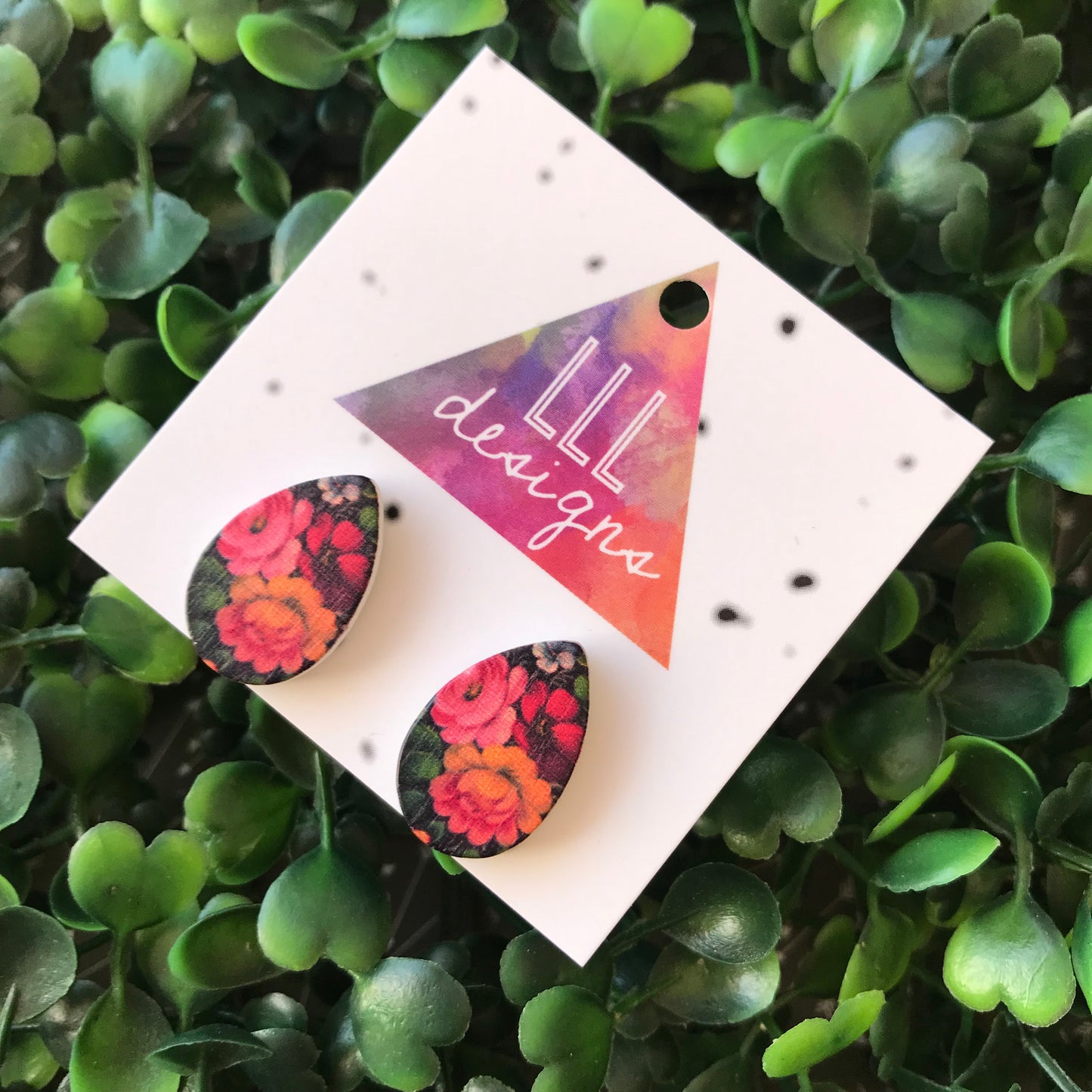 Stunning Floral Printed Timber Teardrop Stud Earrings.