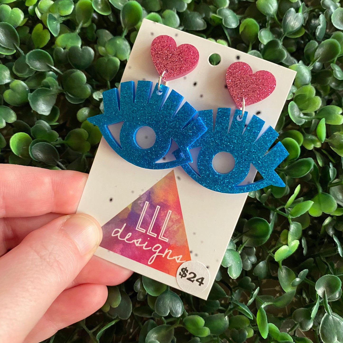 Big Blue Eyes - Glitter Blue Eye Statement Dangle Earrings with Pink Glitter Heart Tops.