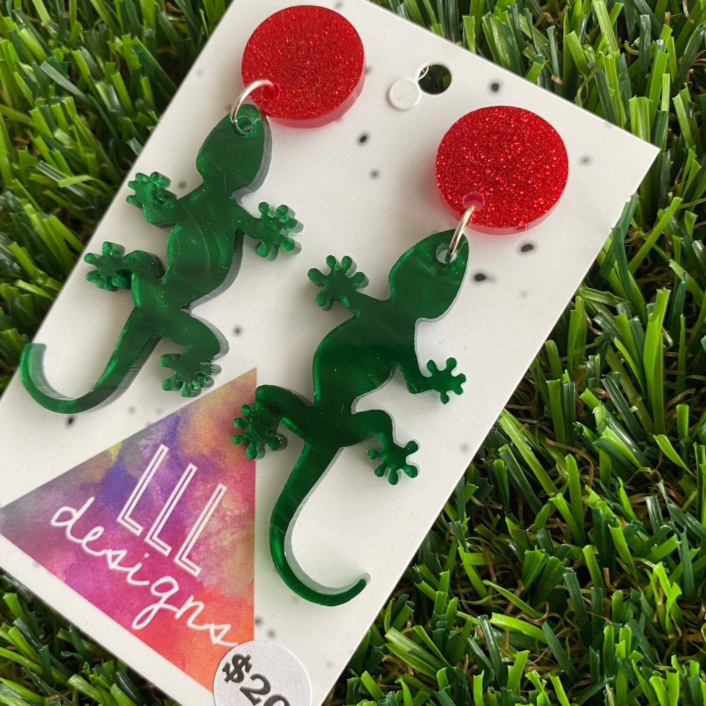 Gekko Earrings - Groovy Green Swirl Gekko Dangle Earrings - Size Small