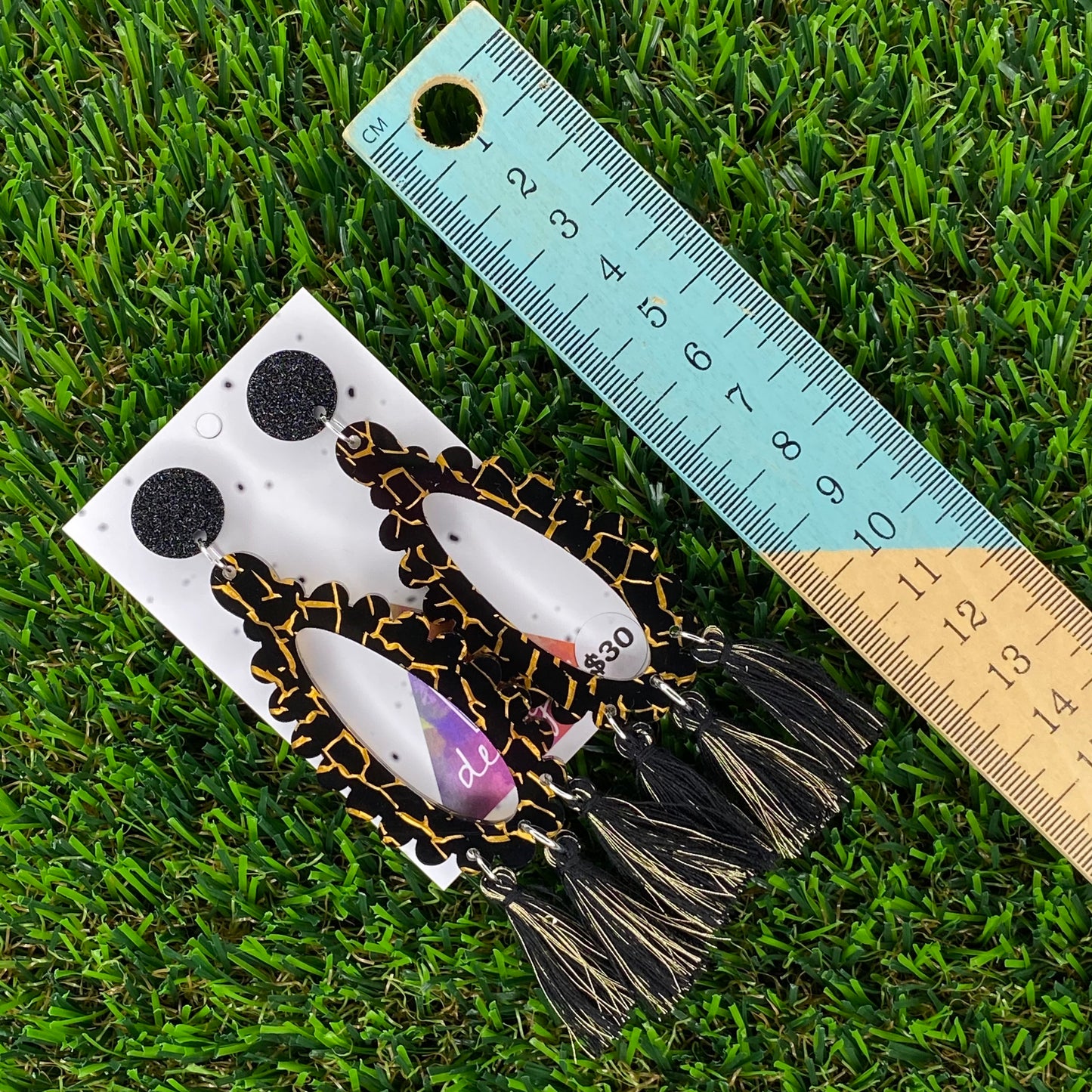 Black and Gold Crackle Statement Tassel Dangle Earrings
