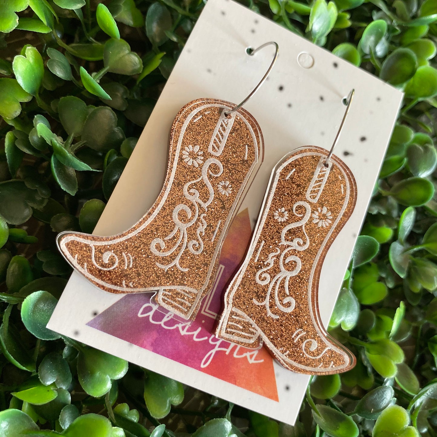 Cowboy Boot Earrings. Acrylic Cowboy Boot Statement Hoop Earrings. Featuring a Reversible Brown to Copper Glitter Piece.