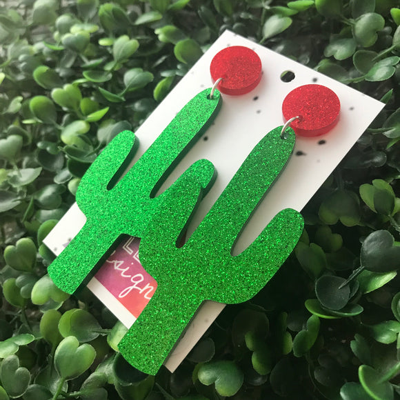 Glitzy Glitter Cactus Statment Dangle Earrings (Large)
