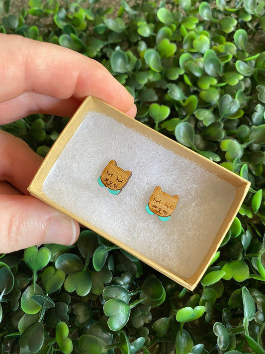 Sleepy Kitty Earrings - Detailed Hand Painted Bamboo Earrings - Available in 2 Stunning Colours.