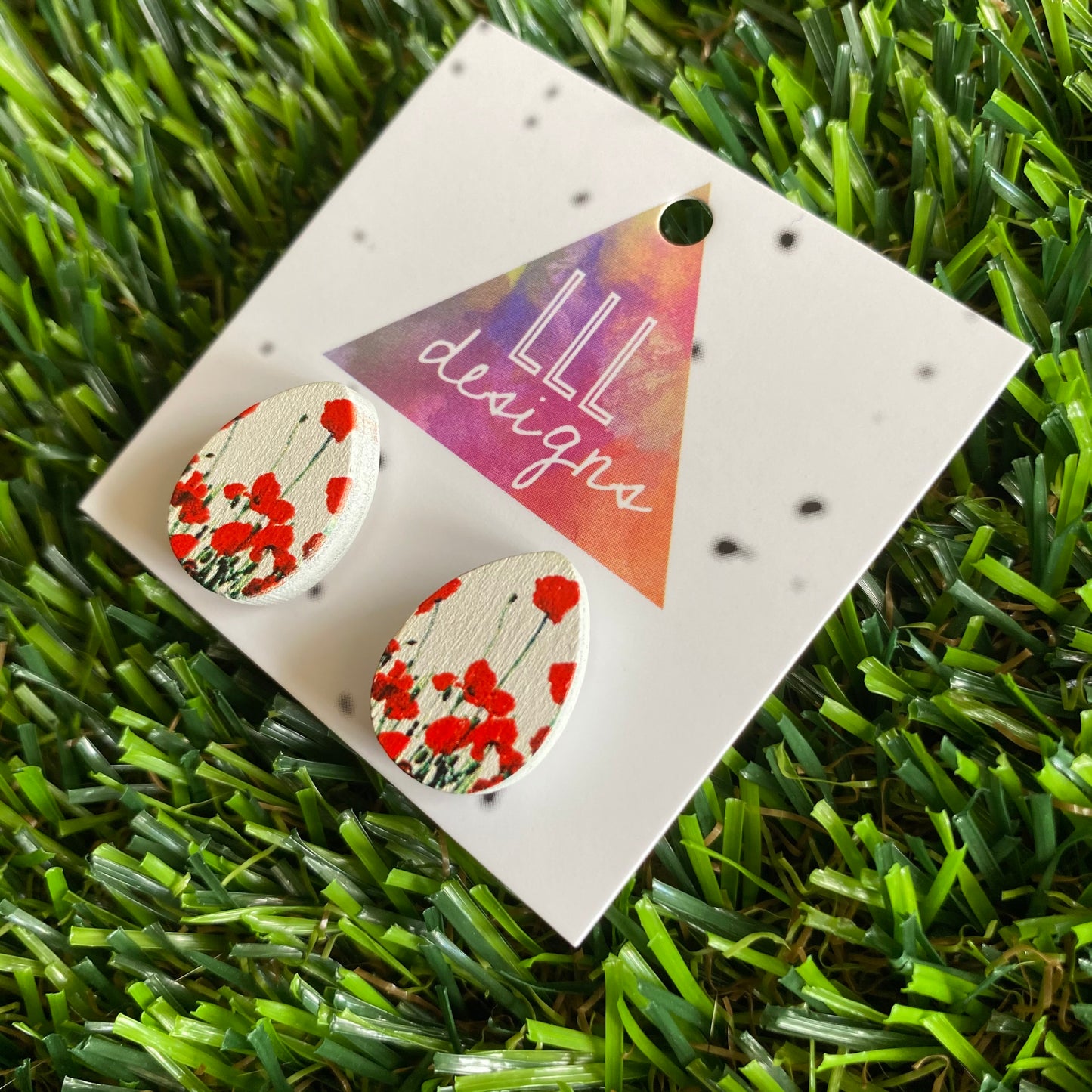 Red Poppy Field - Printed Tear Drop Timber Stud Earrings.