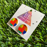 Multi-Coloured Geo Print, Printed Timber Stud Earrings.
