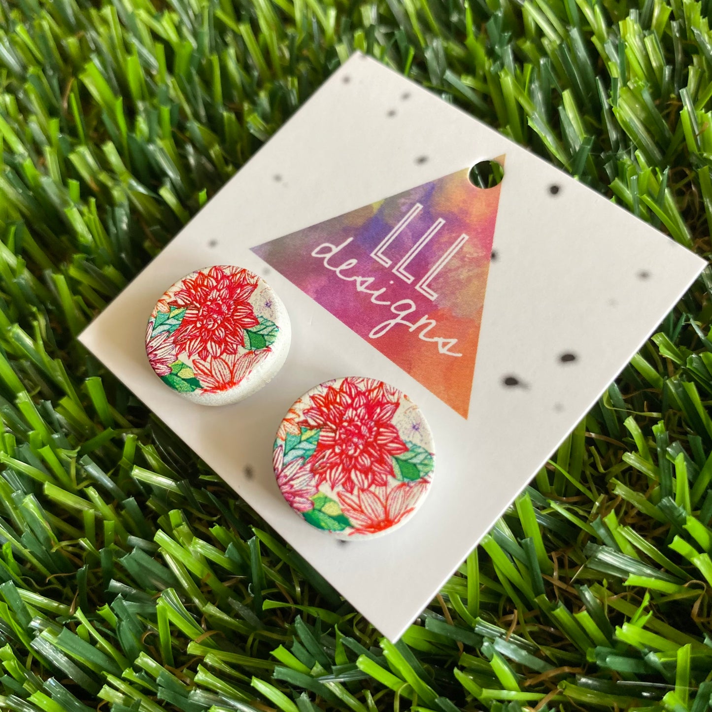 Sketched Red Floral Printed Timber Stud Earrings.