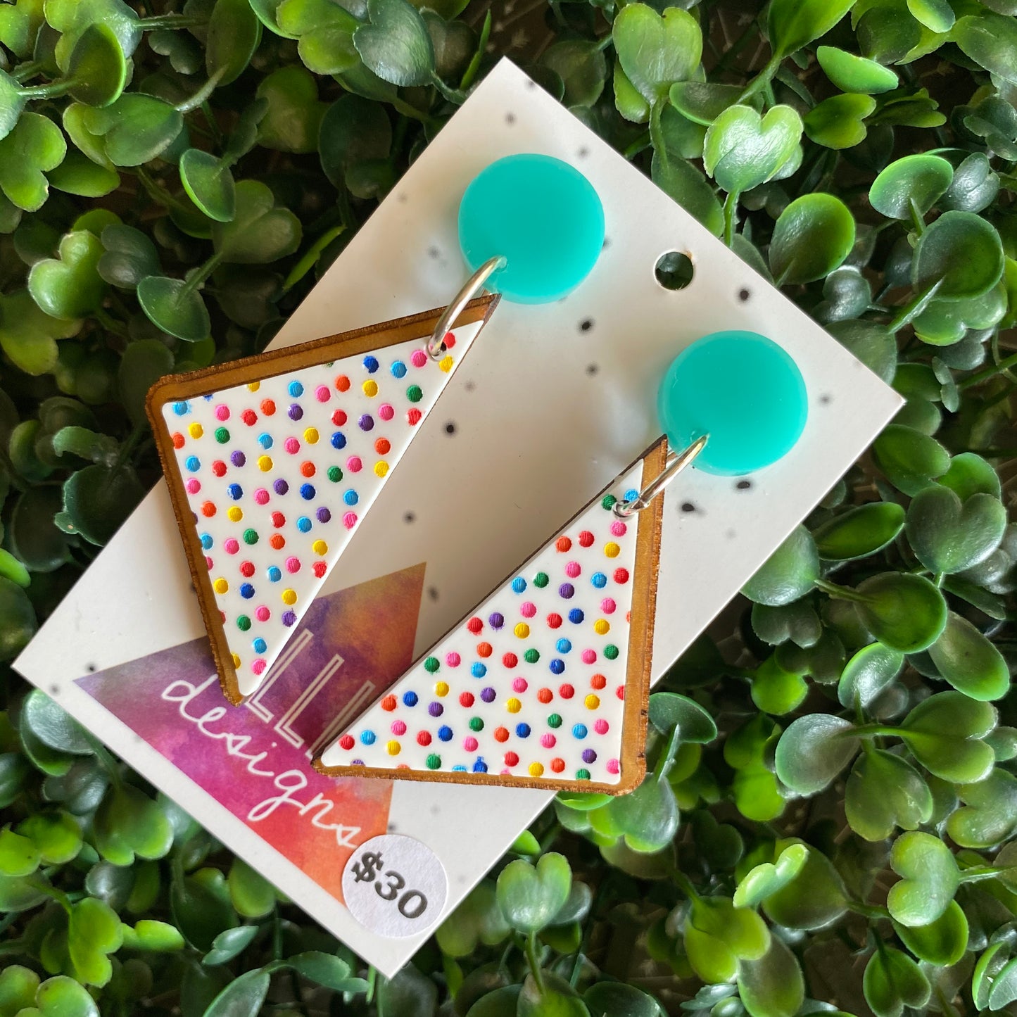Fairy Bread Statement Dangle Earrings - Hand Painted Acrylic and Timber Earrings. With Mint Tops.