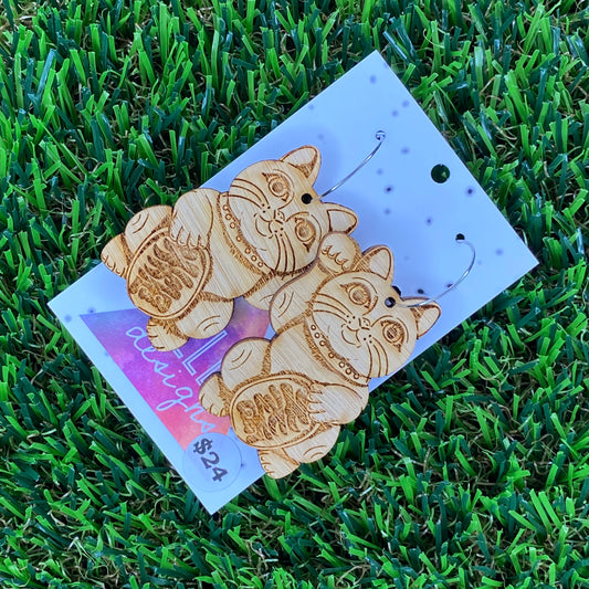 Lucky Cat Hoop Dangle Earrings - Bamboo Laser Etched and Cut Earrings.