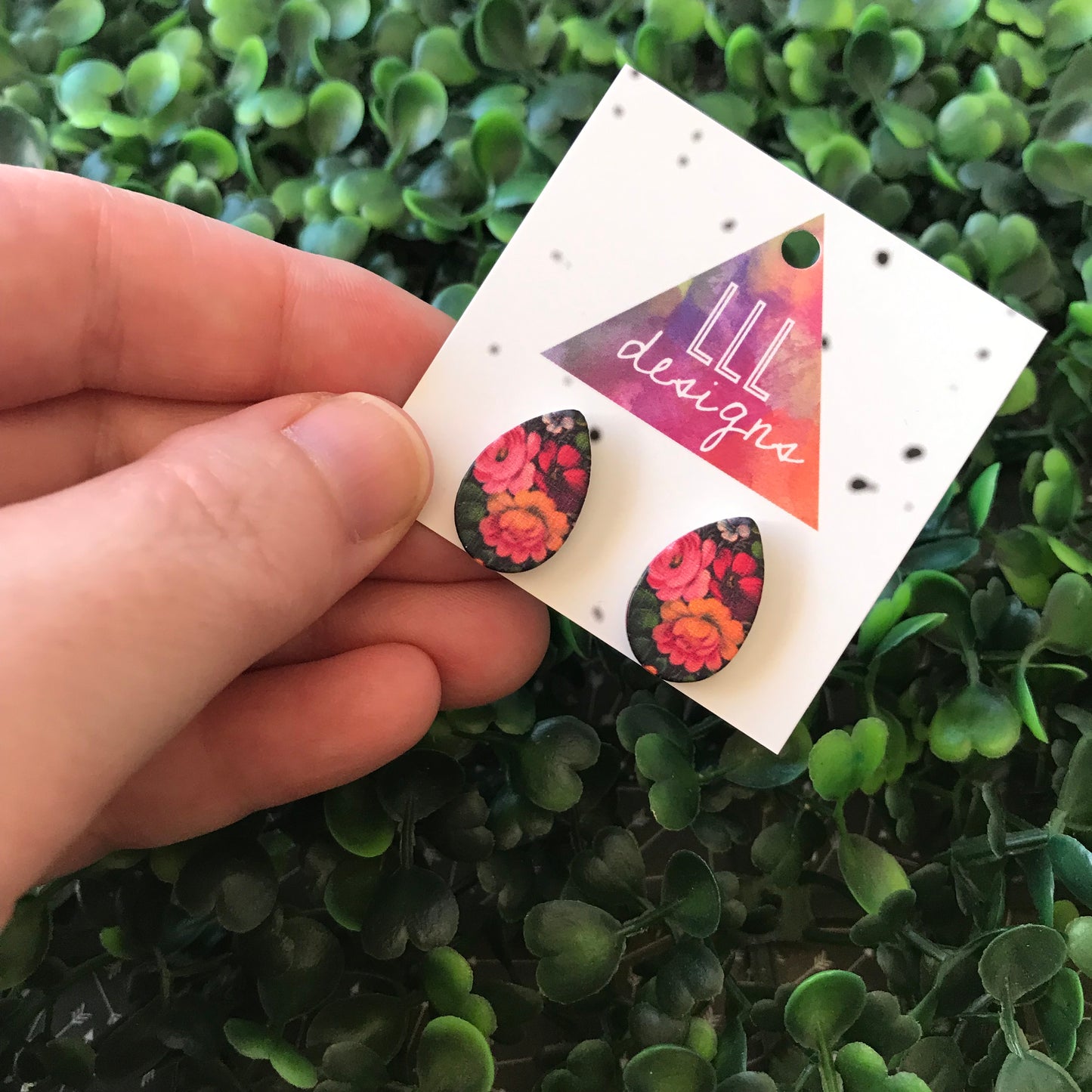Stunning Floral Printed Timber Teardrop Stud Earrings.
