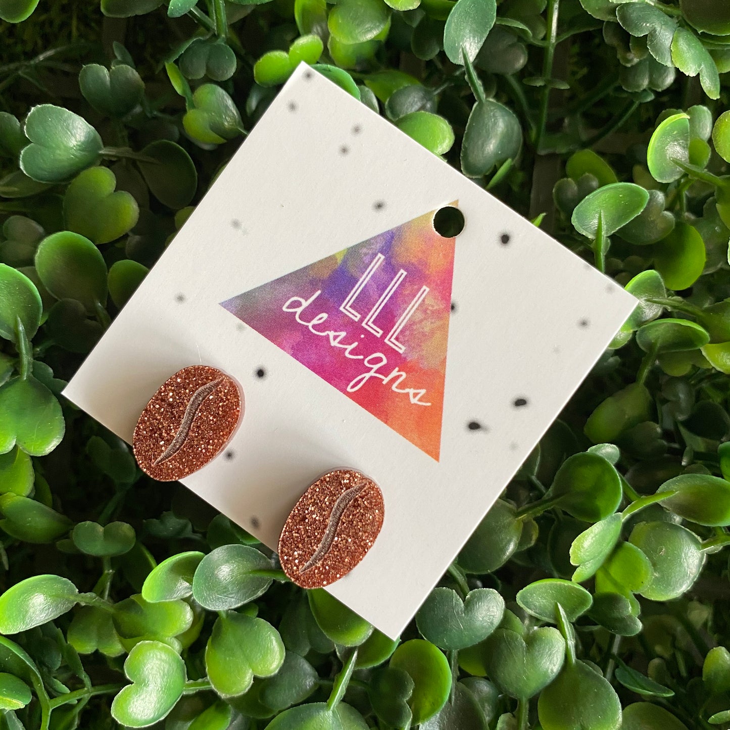 Coffee Bean Stud Earrings. Super Cute Glitter Copper Coffee Bean Stud Earrings With Etched Detail.