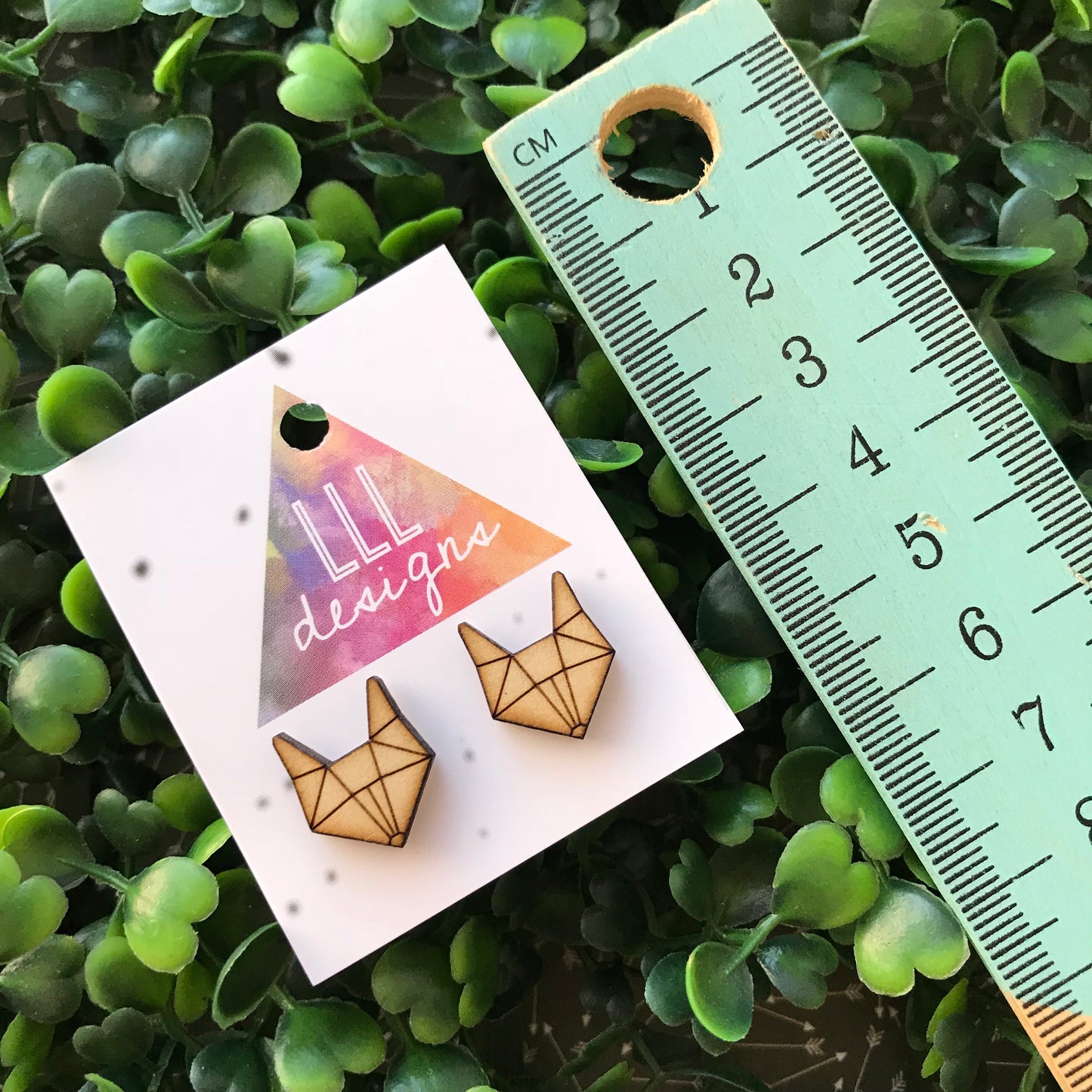 Geometric Fox Head Etched Timber Stud Earrings.