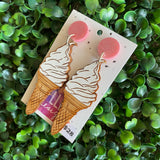 Ice Cream Earrings. Hand Painted Timber - Soft Serve Ice Cream - Statement Dangle Earrings. Featuring Pink Glitter Tops.