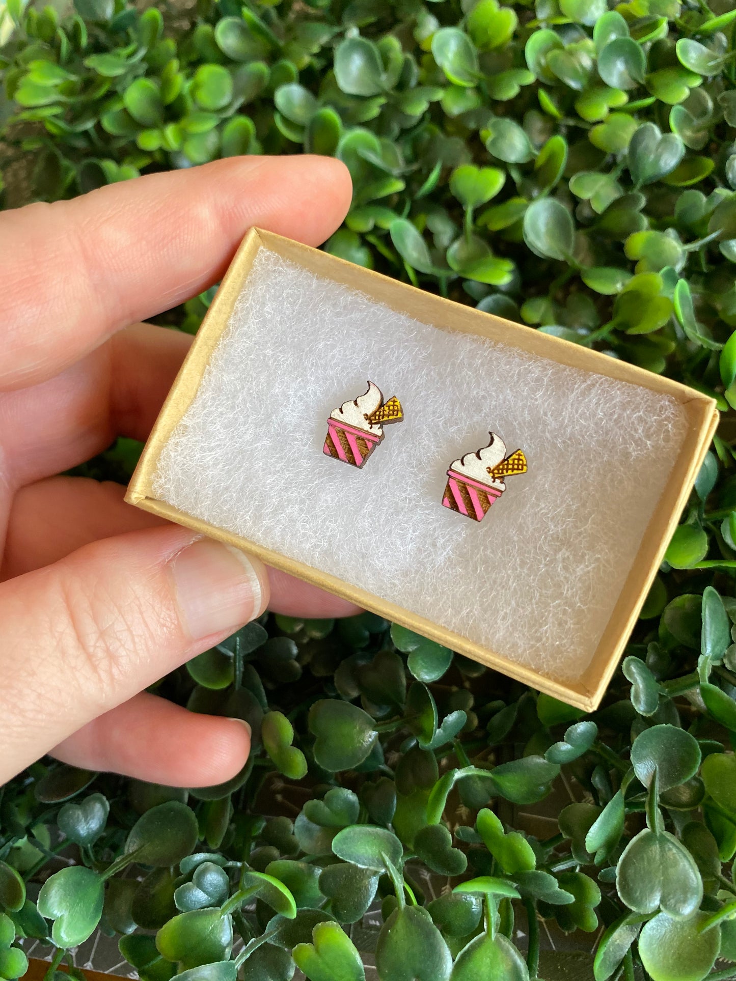 Ice Cream Sundae Earrings - Detailed Hand Painted Bamboo Earrings - Available in 2 Stunning Colours.