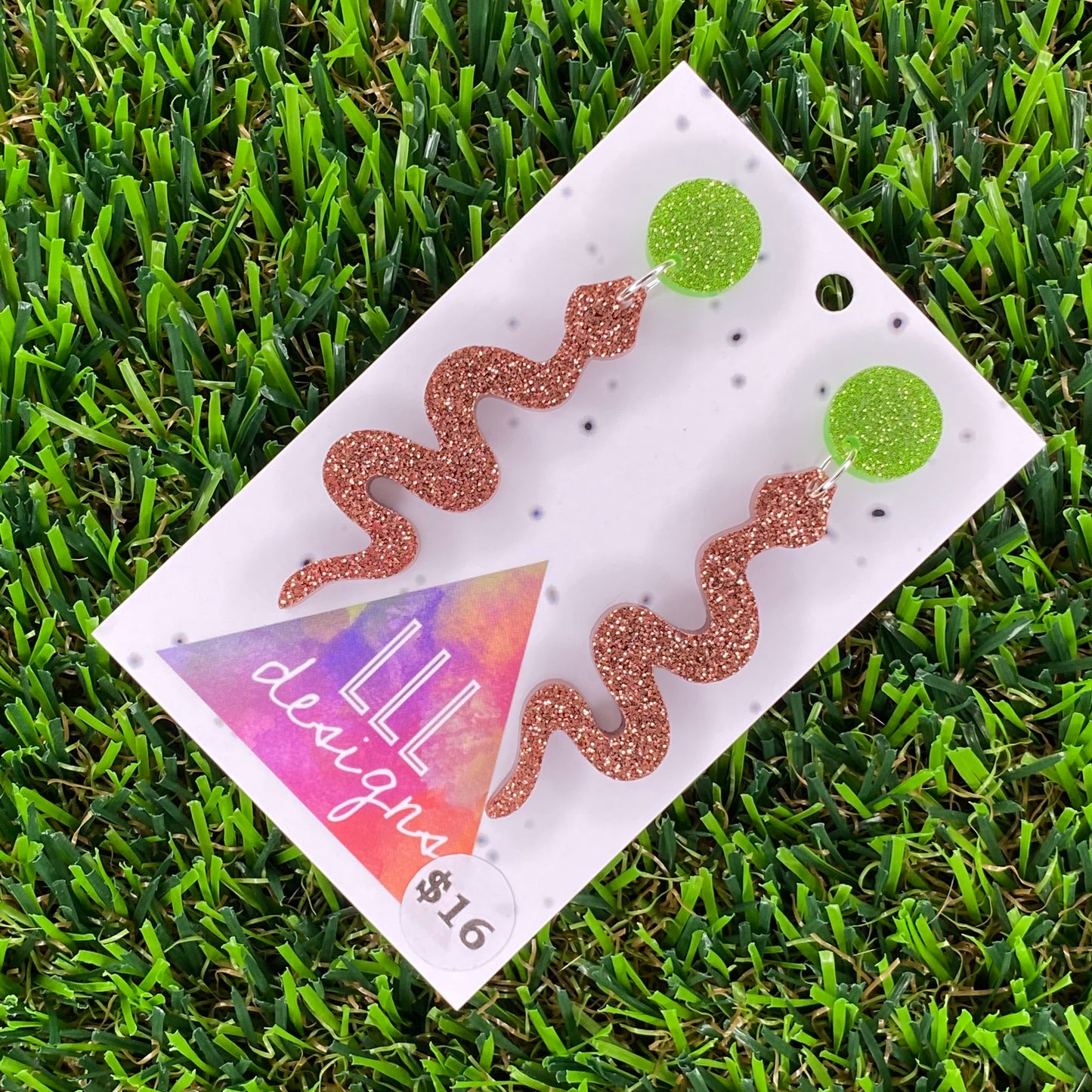 Glitter Copper Snake Dangle Earrings - Small Size