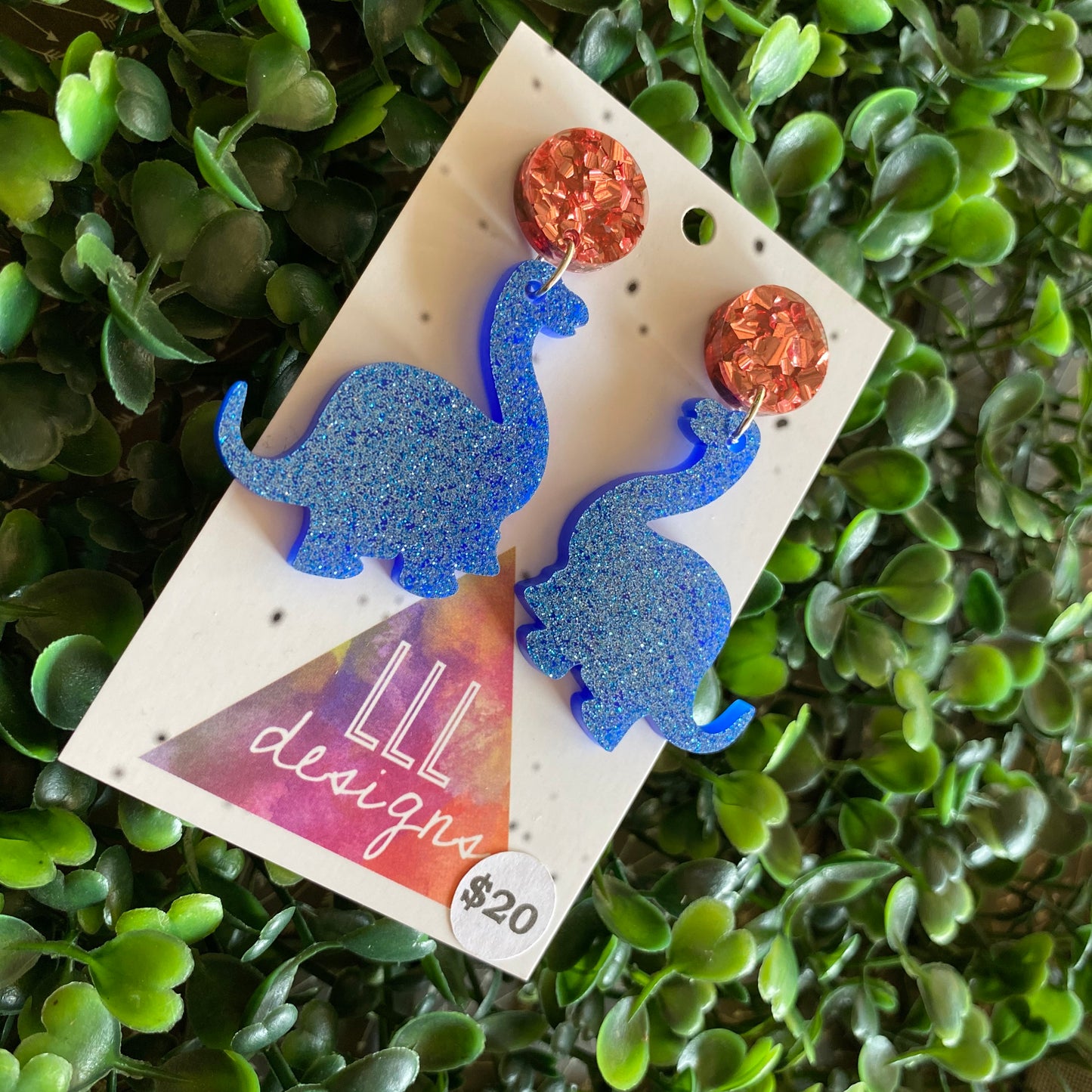 Dinosaour Earrings. Brontosaurus Glitter Blue Statement Dangle Statement Dangle Earrings with Dusty Rose Pink Tops.