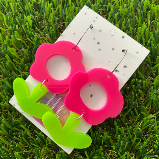 Fabulous Flower Neon Hoop Dangle Earrings - Bright and Bold!!!