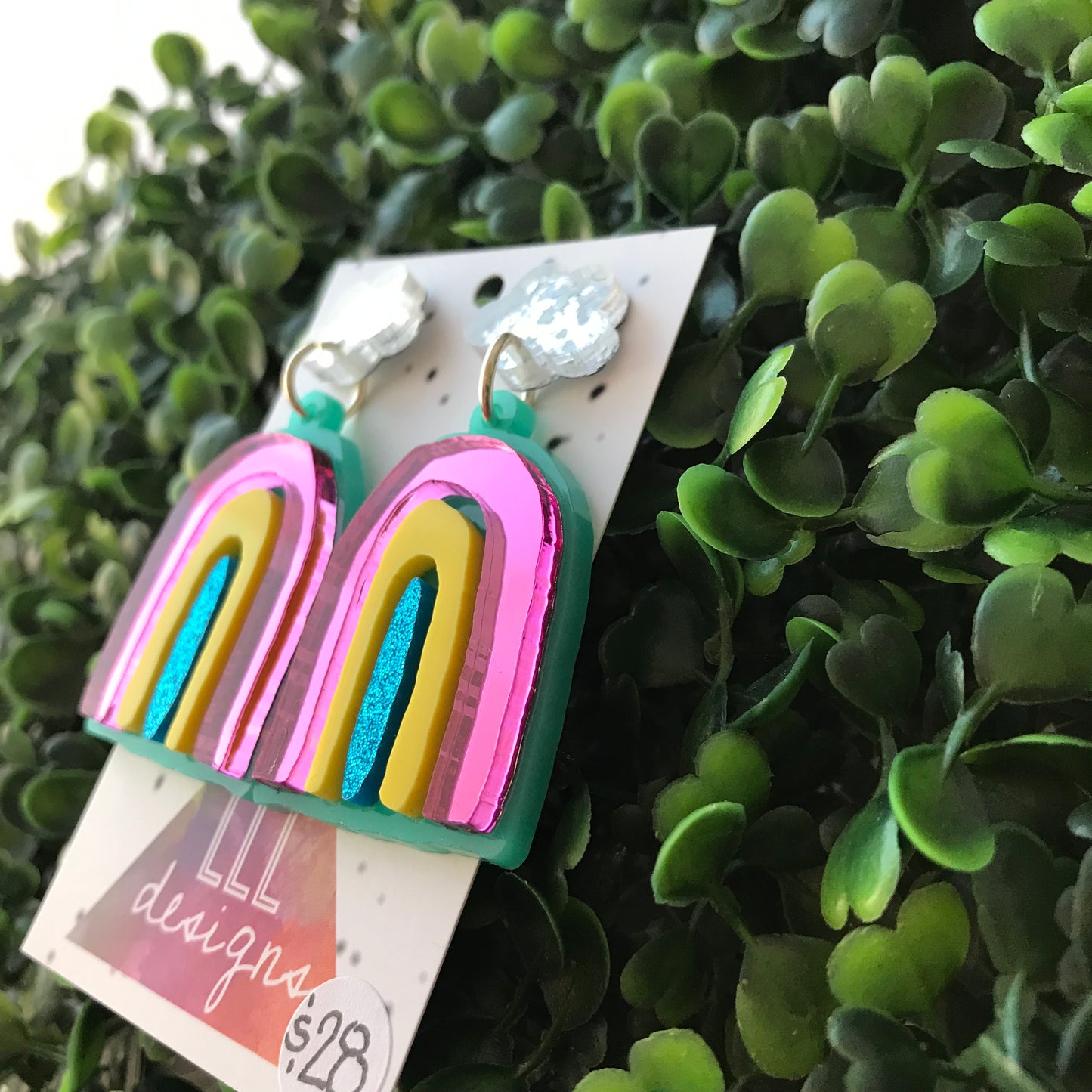 Rainbow Dangle Earrings - Colourful Wonky Acrylic Rainbow Earrings, finished with Glitzy Silver Cloud Tops.