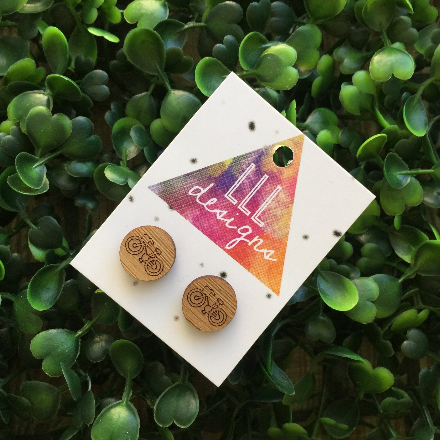 Super Cute Mini Bike Etched Bamboo Earrings - Studs. Handmade Bike Earrings. Bicycle Studs. Made in Canberra, Australia. Fun Earrings. Yay.