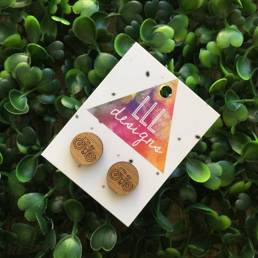 Super Cute Mini Bike Etched Bamboo Earrings - Studs. Handmade Bike Earrings. Bicycle Studs. Made in Canberra, Australia. Fun Earrings. Yay.