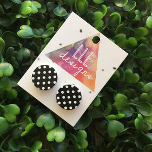 Black with White Polka Dot Printed Timber Studs/Earrings. Monochrome Studs. Monochrome Earrings. Surgical Stainless Steel Earrings - Studs.