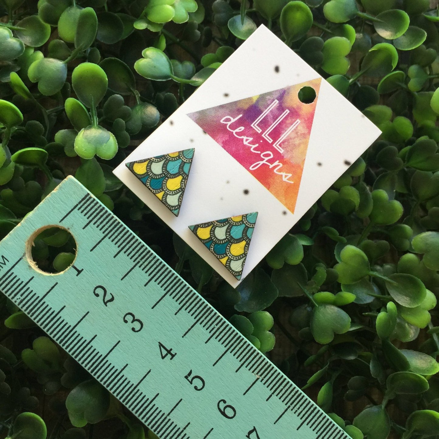 Geometric Triangle Stud Earrings. Printed Timber Studs. Geo Earrings. On Trend Geo Studs. Life's too short to wear boring Jewellery.