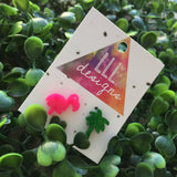 Flipping Fancy Flamingo Mix Match Earrings. Glorious Glitter Green Palm Tree Earrings. Totes Tropical Earrings. Mix it up!