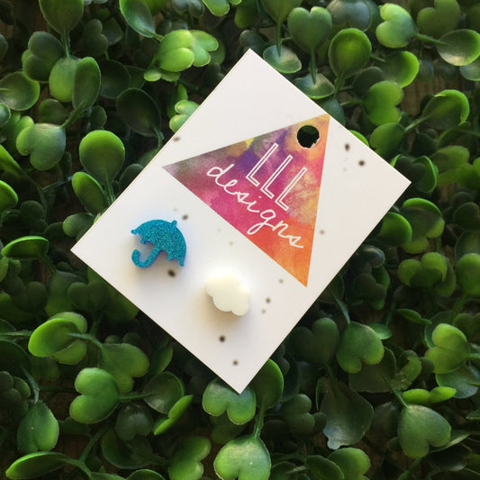 Super Cute Rainy Day Stud Earrings. Umbrella Earrings. Cloud Earrings. Quirky Earrings. Life's too short to wear boring Jewellery.