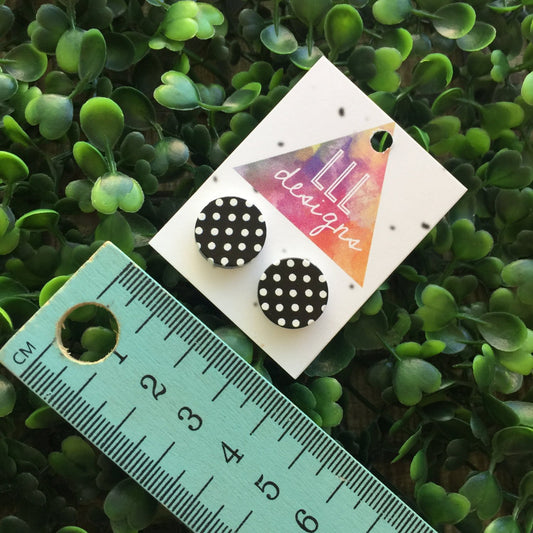 Black with White Polka Dot Printed Timber Studs/Earrings. Monochrome Studs. Monochrome Earrings. Surgical Stainless Steel Earrings - Studs.