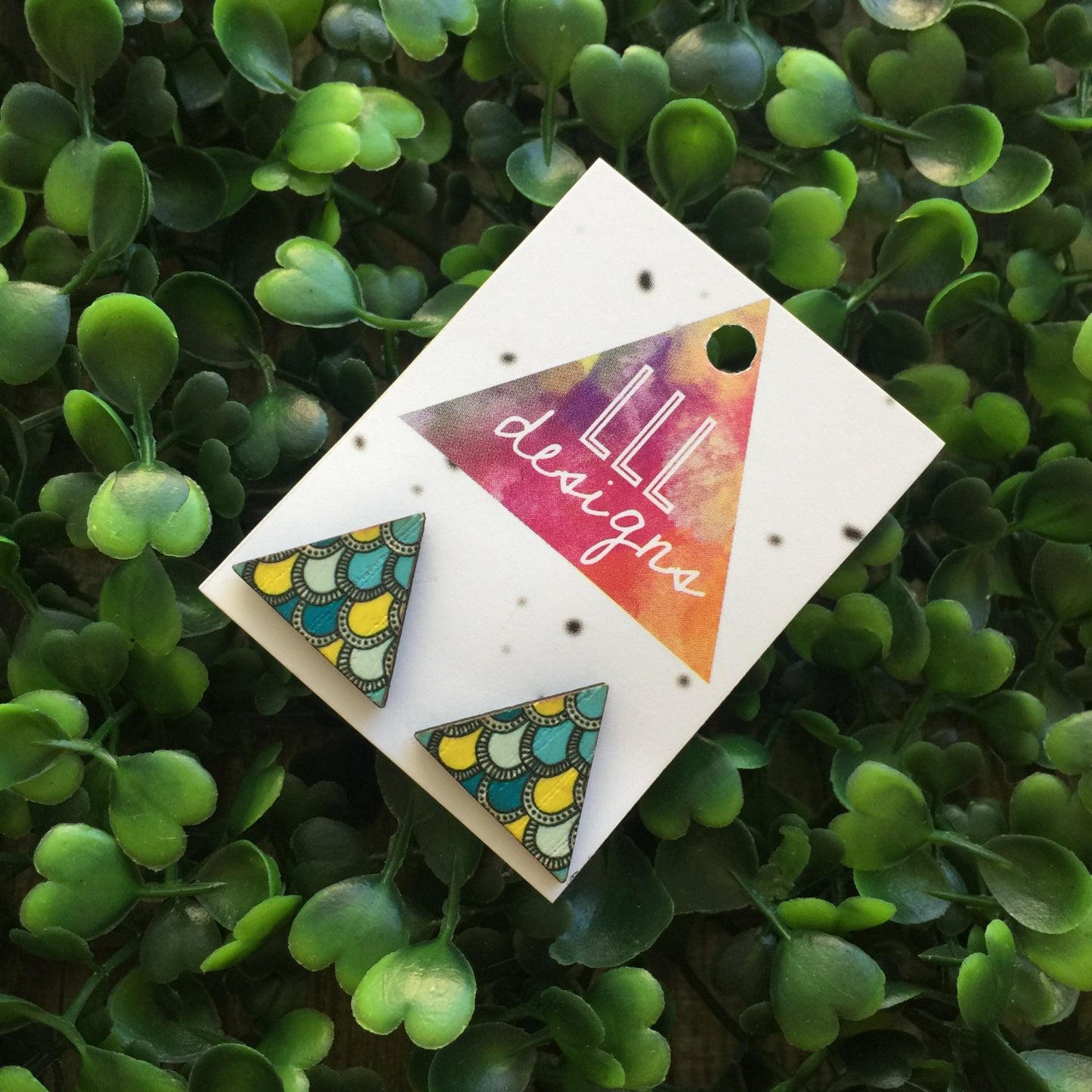 Geometric Triangle Stud Earrings. Printed Timber Studs. Geo Earrings. On Trend Geo Studs. Life's too short to wear boring Jewellery.