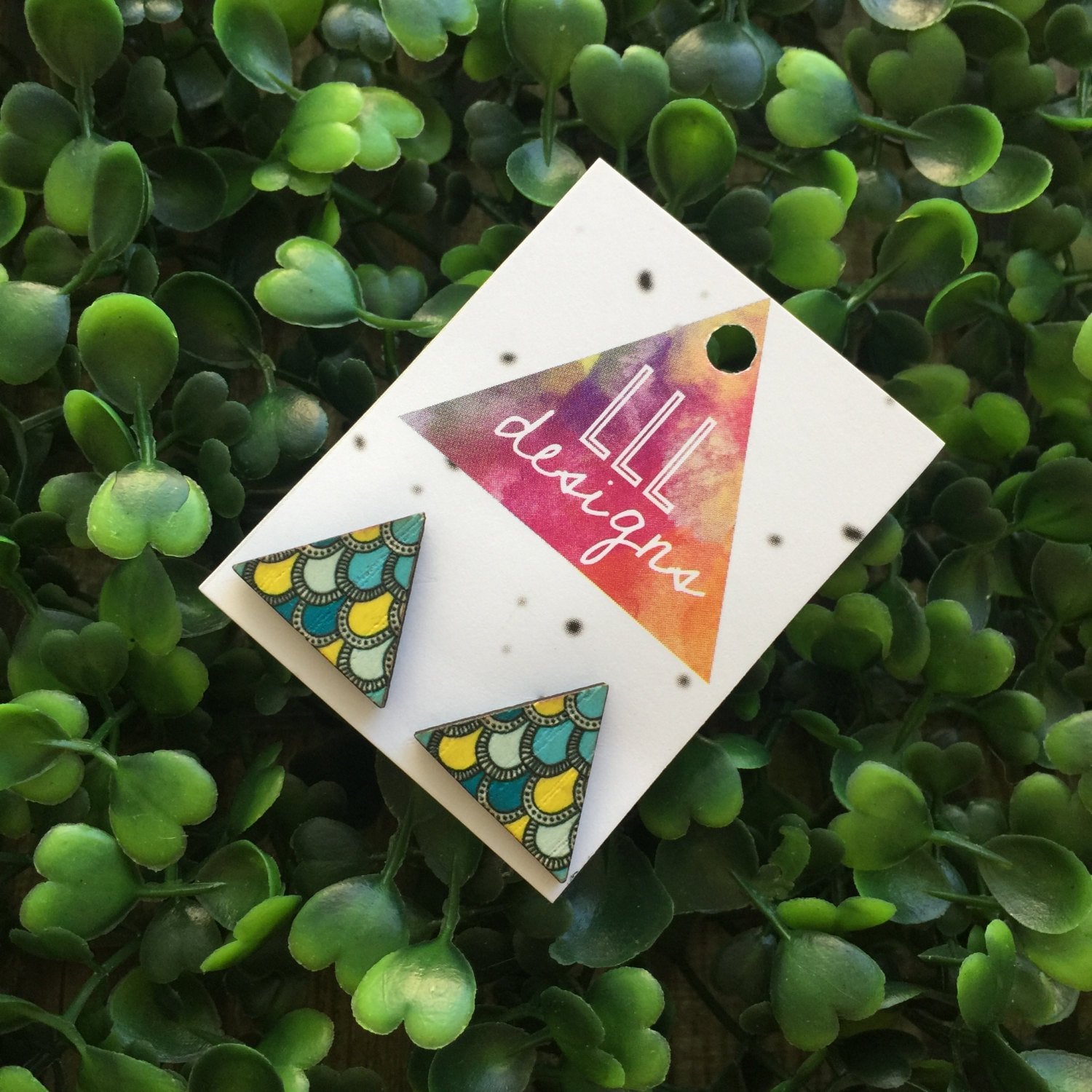 Geometric Triangle Stud Earrings. Printed Timber Studs. Geo Earrings. On Trend Geo Studs. Life's too short to wear boring Jewellery.