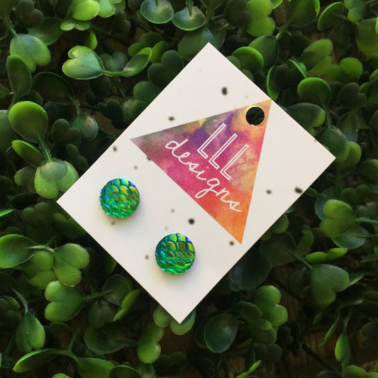 Multi Coloured Mermaid Studs (lgrn) Handmade Earrings. Life's too short to wear boring Jewellery. Shiny Scale Earrings. Fishy Studs.
