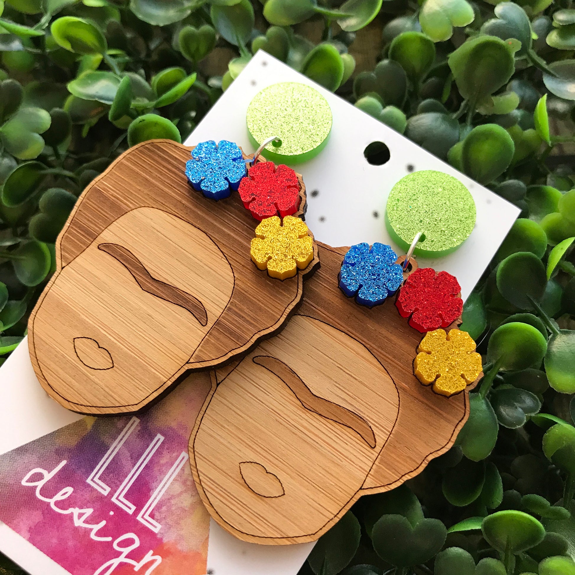 Fabulous Frida Stacked Statement Dangle Earrings. Bamboo & Glitter Acrylic Laser Cut Earrings. Fun and Fabulous Earrings!! Be Bold - Be You!