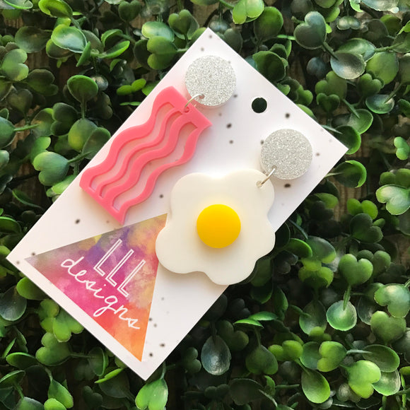 Bacon Baby! Bacon and Eggs Super Fun Statement Dangle Earrings. Enjoy your Bacon and Eggs all day with these Fabulous & Fun Drop Earrings!!!