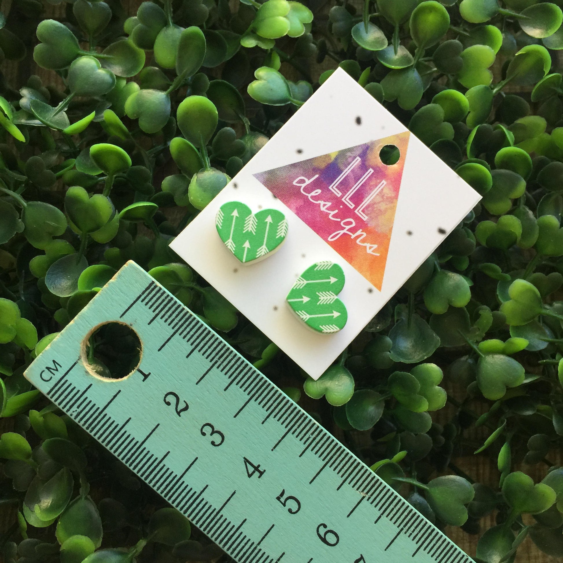 Green Arrow Heart Printed Studs/Earrings. Arrow love. Heart studs/earrings. Handmade Earrings. Handmade Studs. Made in Canberra, Australia.