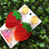 Big and Bold Glitter Strawberry Statement Dangle Earrings. Laser Cut Glitter Acrylic Strawberry Earrings. Fruity and Fabulous Earrings!
