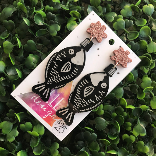 Soy Fishy Statement Dangles. Sushi Soy Sauce Fish Laser Etched Drop Earrings. Because life's too short to wear boring Jewellery! Be BOLD :)