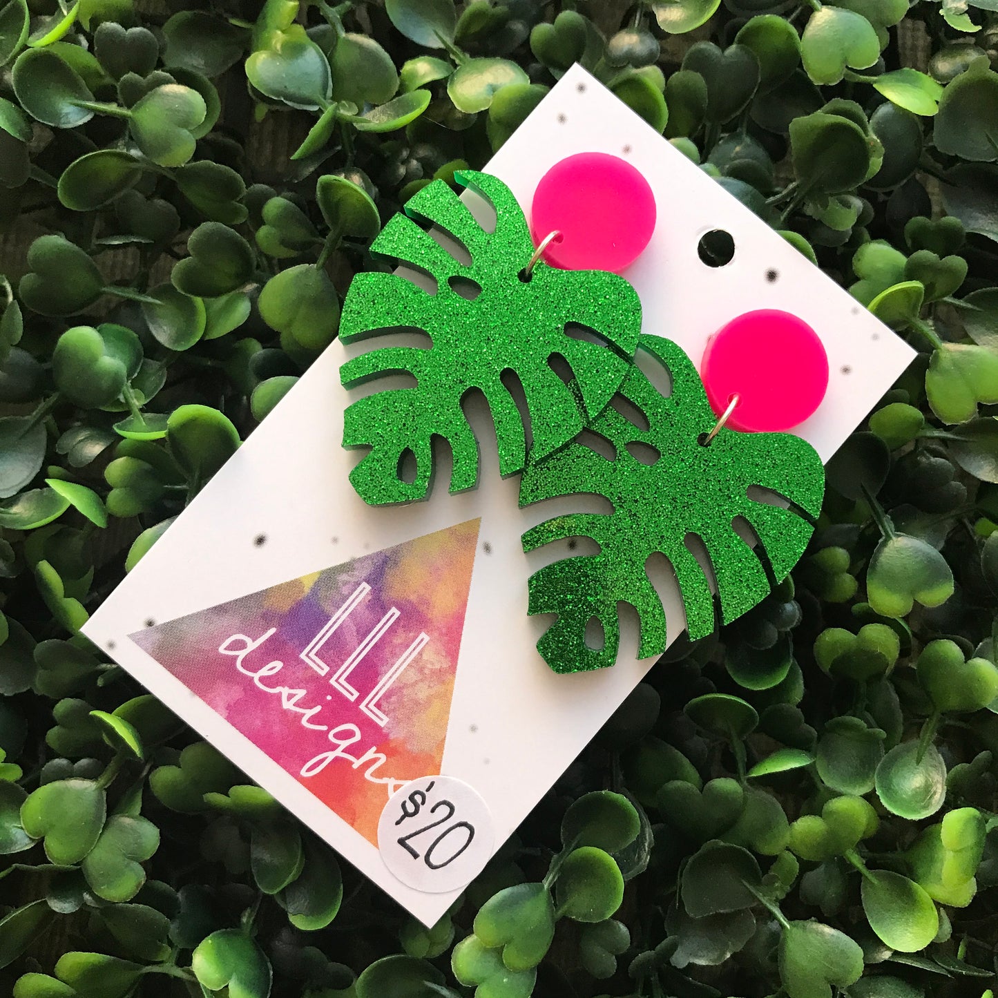 Monstera Statement Dangle Earrings. (med size) Glorious Glitter Green Statement Earrings. Laser Cut Leaf Earrings. Be BOLD - Be YOU!!!