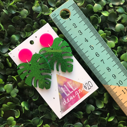 Monstera Statement Dangle Earrings. (med size) Glorious Glitter Green Statement Earrings. Laser Cut Leaf Earrings. Be BOLD - Be YOU!!!