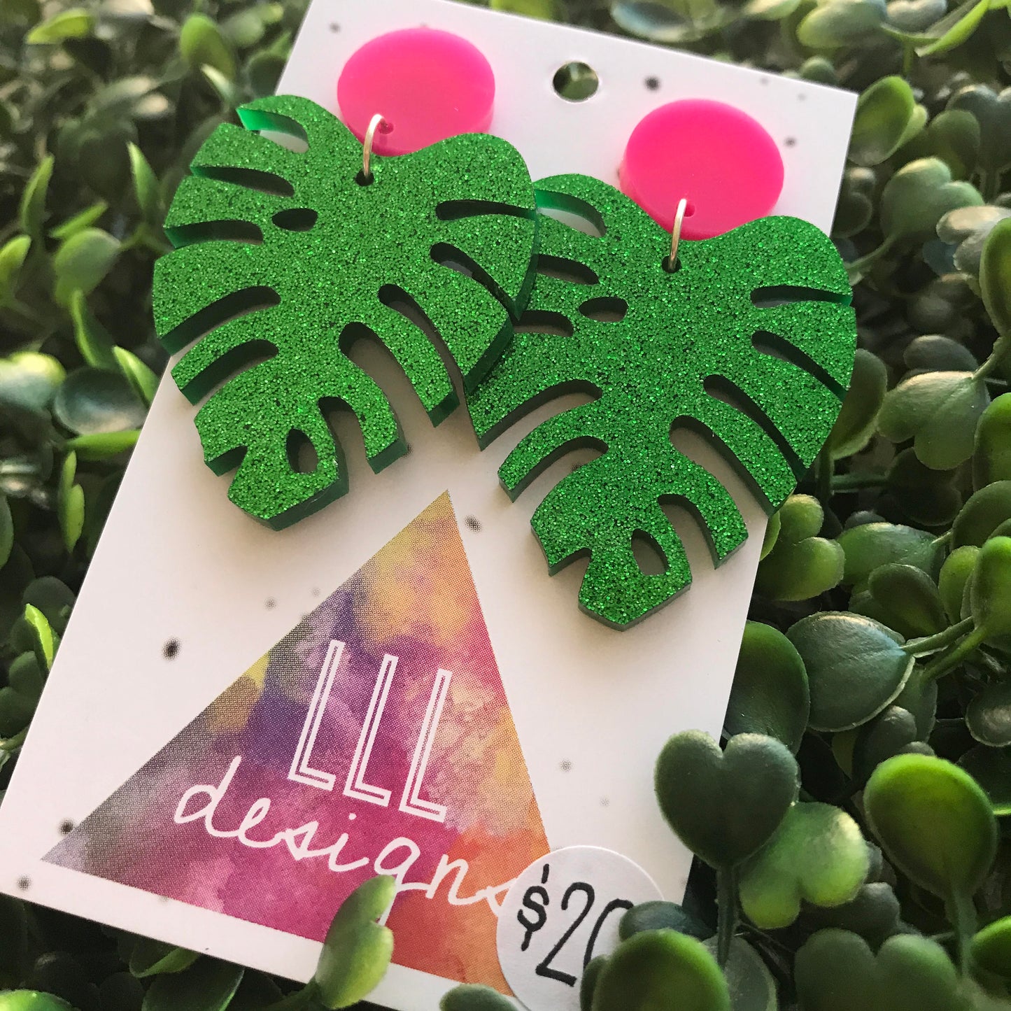 Monstera Statement Dangle Earrings. (med size) Glorious Glitter Green Statement Earrings. Laser Cut Leaf Earrings. Be BOLD - Be YOU!!!