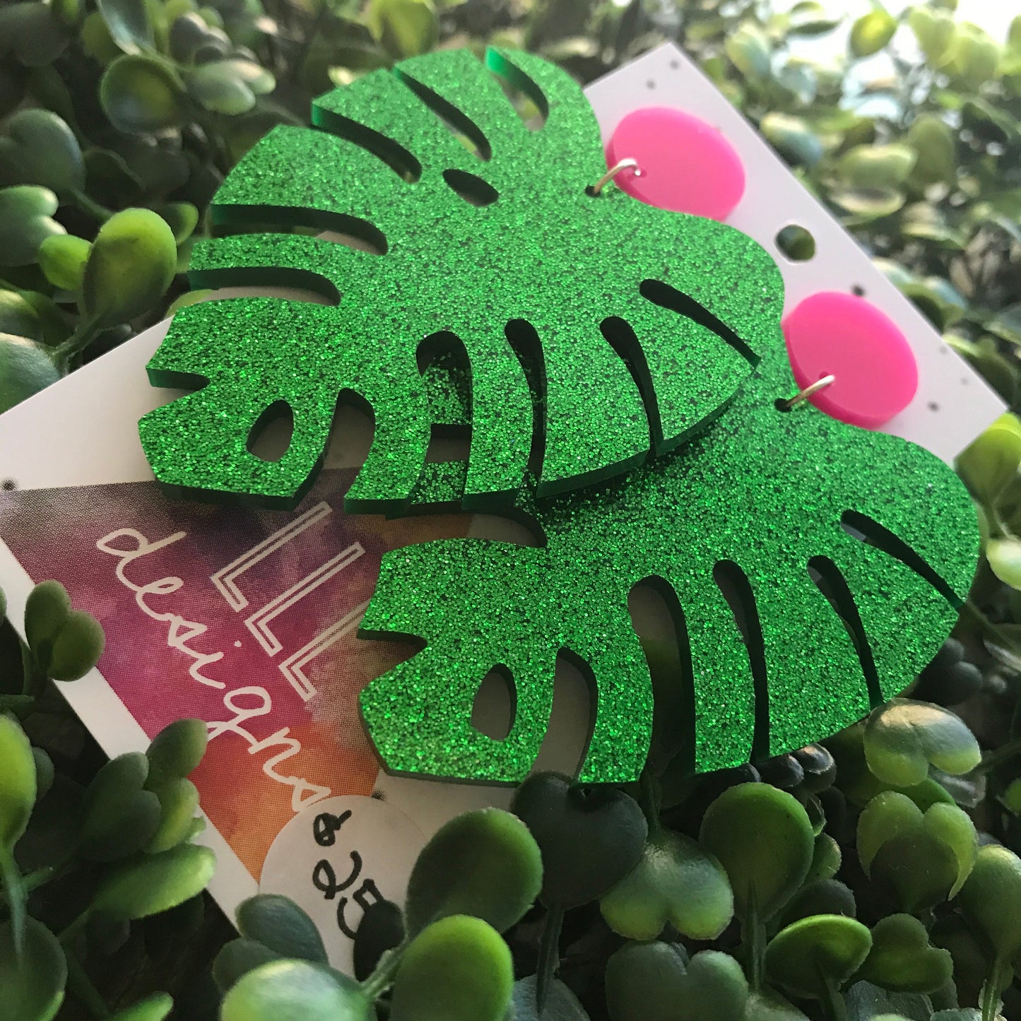 Monstera Statement Dangle Earrings. (mega size) Glorious Glitter Green Statement Earrings. Laser Cut Leaf Earrings. Be BOLD - Be YOU!!!