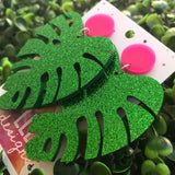 Monstera Statement Dangle Earrings. (mega size) Glorious Glitter Green Statement Earrings. Laser Cut Leaf Earrings. Be BOLD - Be YOU!!!