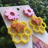 Honey Bee Spring Statement Dangle Earrings. Buzzy Bee - Honeycomb & Daisy Laser Cut Earrings. Bold and Fun Earrings. Gorgeous Glitter.