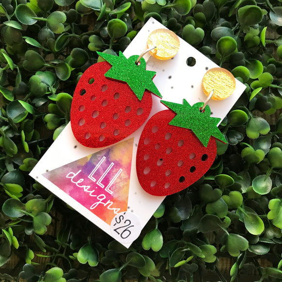 Big and Bold Glitter Strawberry Statement Dangle Earrings. Laser Cut Glitter Acrylic Strawberry Earrings. Fruity and Fabulous Earrings!