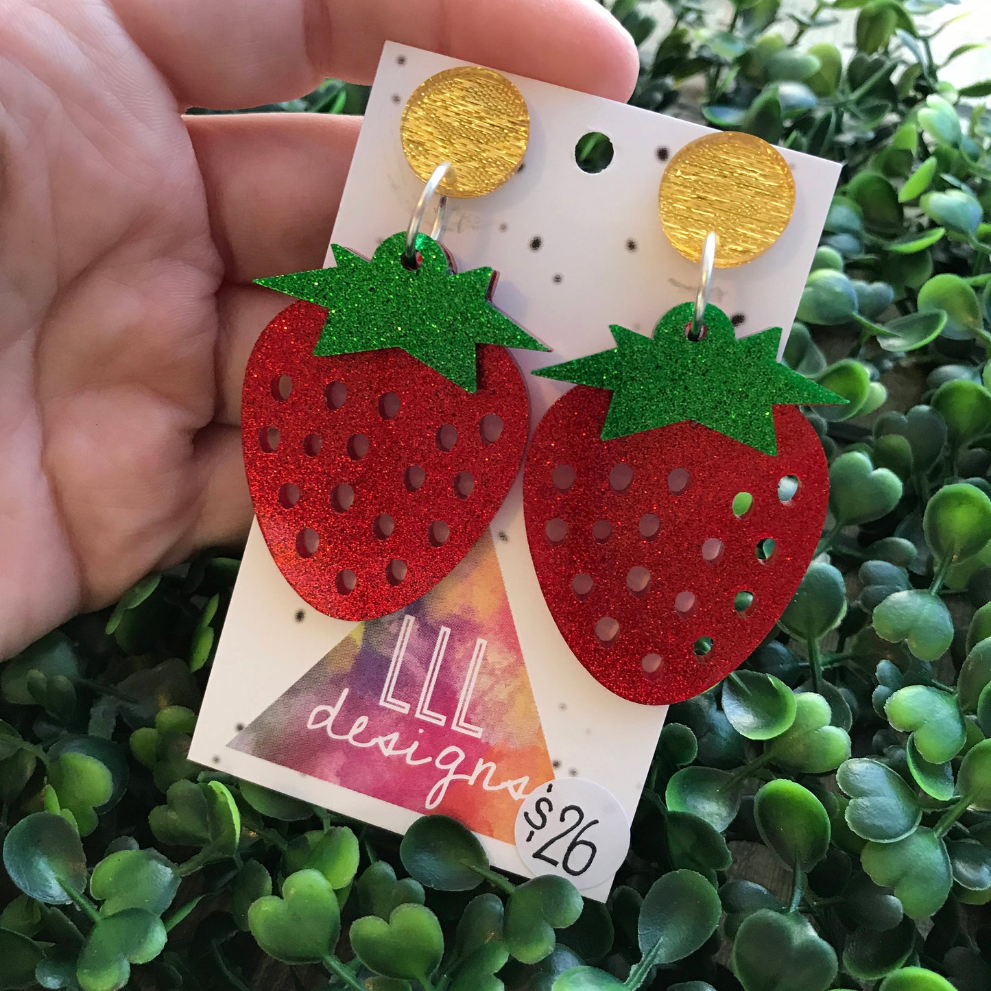 Big and Bold Glitter Strawberry Statement Dangle Earrings. Laser Cut Glitter Acrylic Strawberry Earrings. Fruity and Fabulous Earrings!