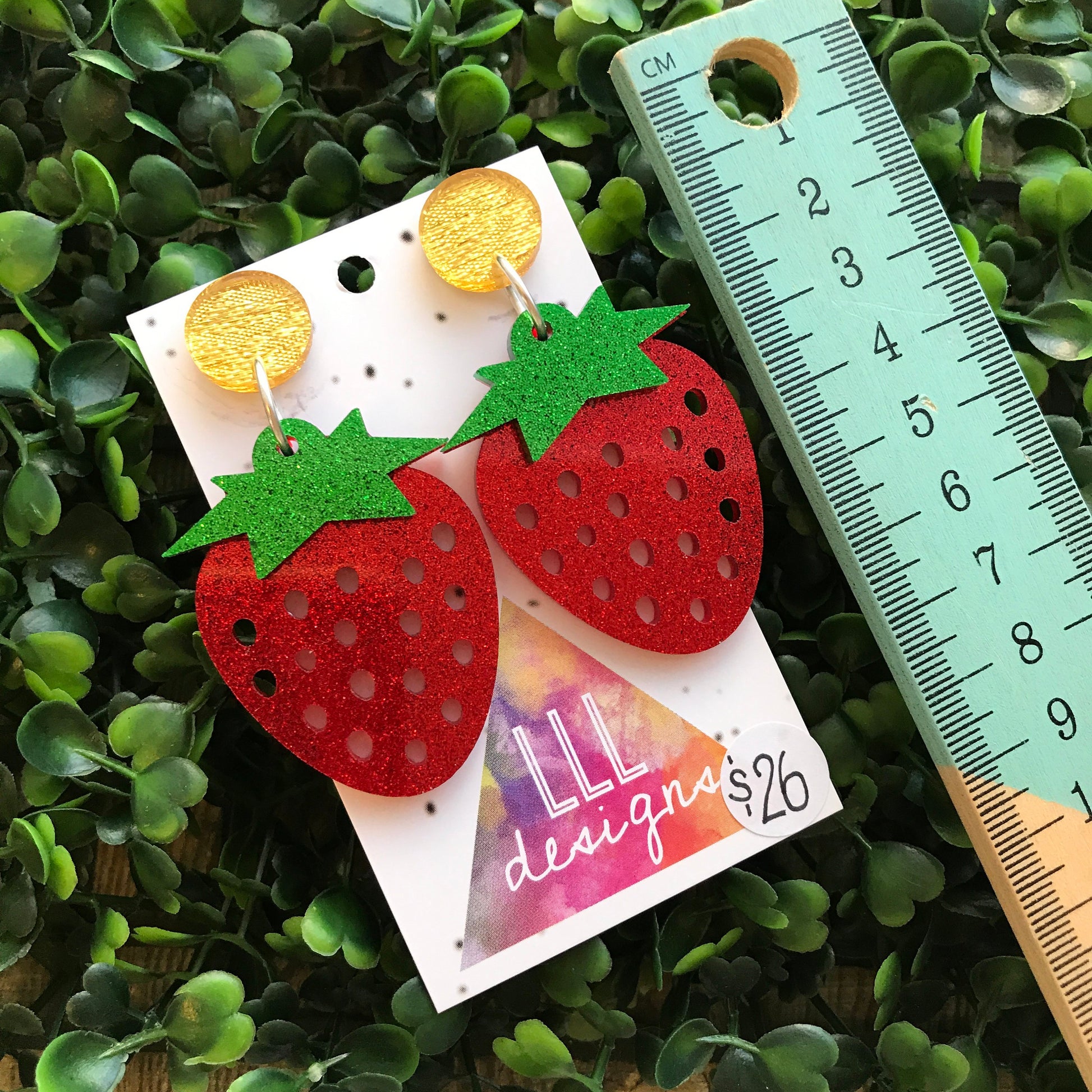 Big and Bold Glitter Strawberry Statement Dangle Earrings. Laser Cut Glitter Acrylic Strawberry Earrings. Fruity and Fabulous Earrings!
